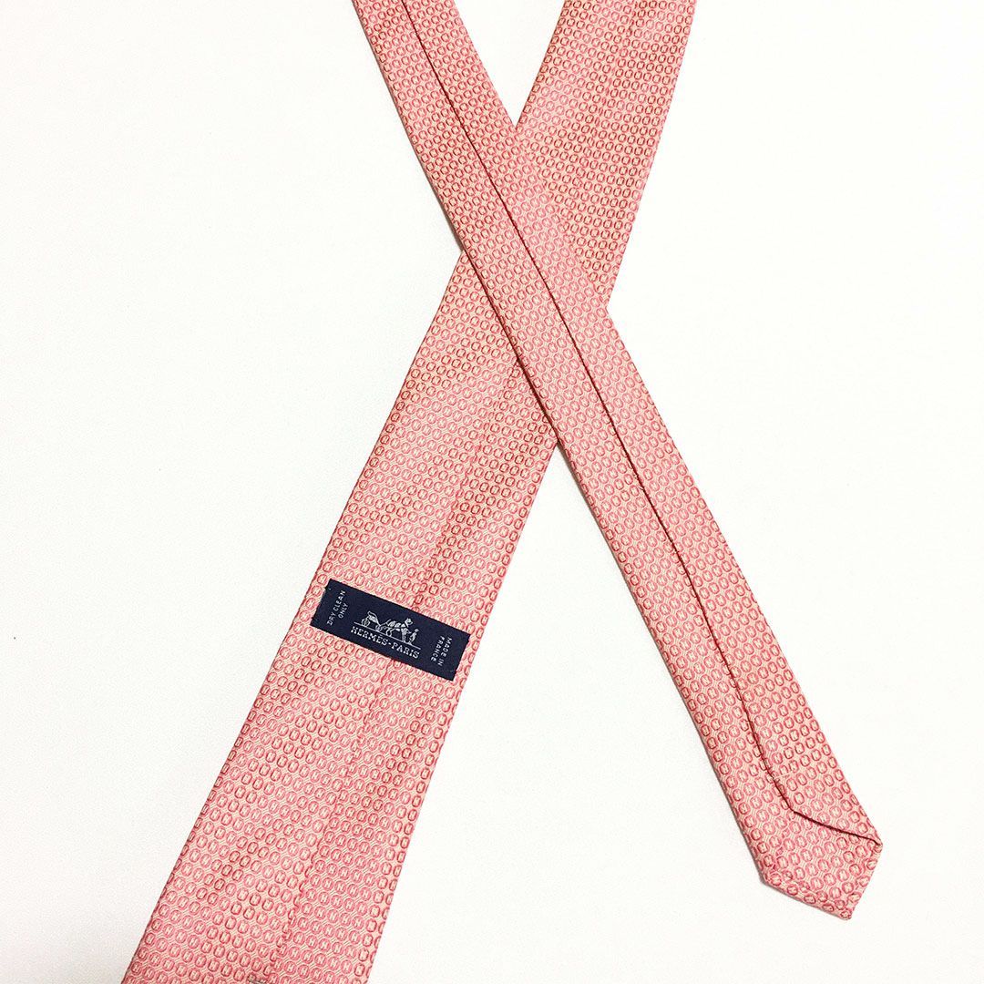美品 エルメス HERMES ネクタイ シルク100% サーモンピンク系 H柄
