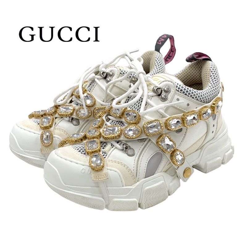 グッチ GUCCI フラッシュトレック スニーカー 靴 シューズ レザー ファブリック ホワイト ベージュ 白 ゴールド ロゴ ビジュー ストラップ