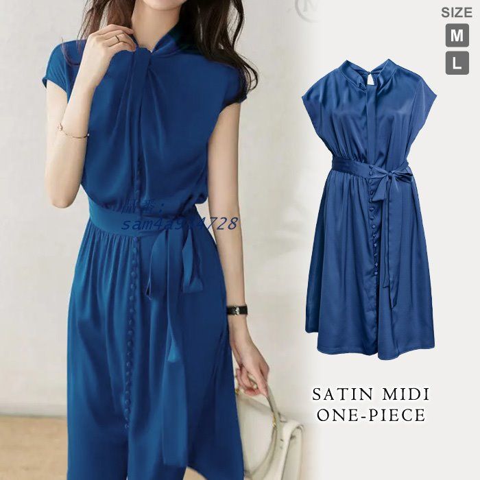 ワンピース レディース 春 夏 春夏 紺 リボン 20代 サテン ミモレ ミディアムワンピ ネイビー 体型カバー 30代 ゆったり 40代 送料無料 ウエストリボン am4a934728