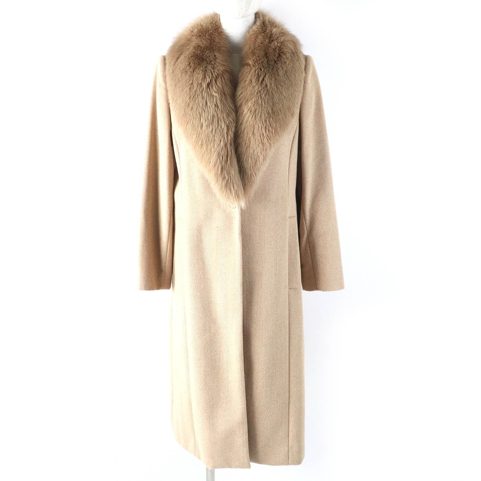 △LEONARD FASHION レオナール ファッション アンゴラ ウール フォックスファー付き 裏地ペイズリー柄 ロング コート ベージュ 9AR レディース ◎