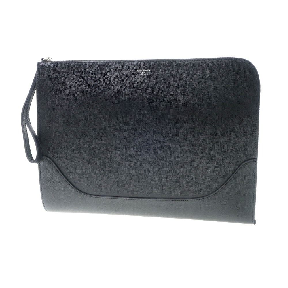 【中古】ペッレモルビダ PELLE MORBIDA 型押しレザー クラッチバッグ ブラック【W34.5xH25.5】【メンズ】