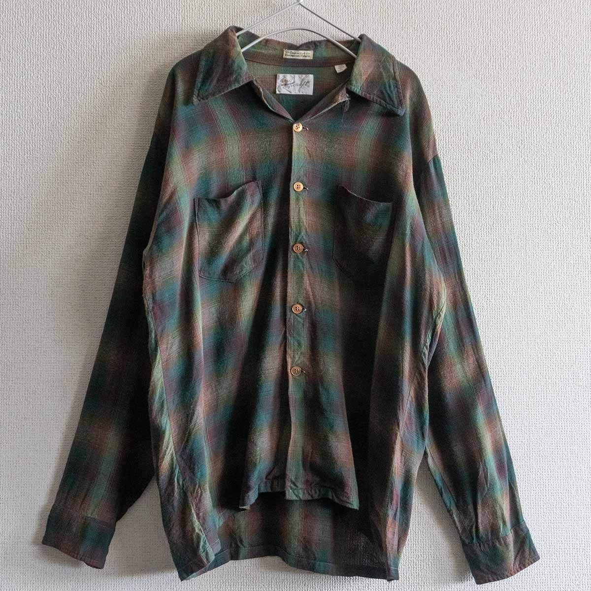 【60S】Topcraft【ombre check Rayon L/S Shirt】16-16 1/2 オープンカラー レーヨン オンブレ チェック シャツ ヴィンテージ 25020663