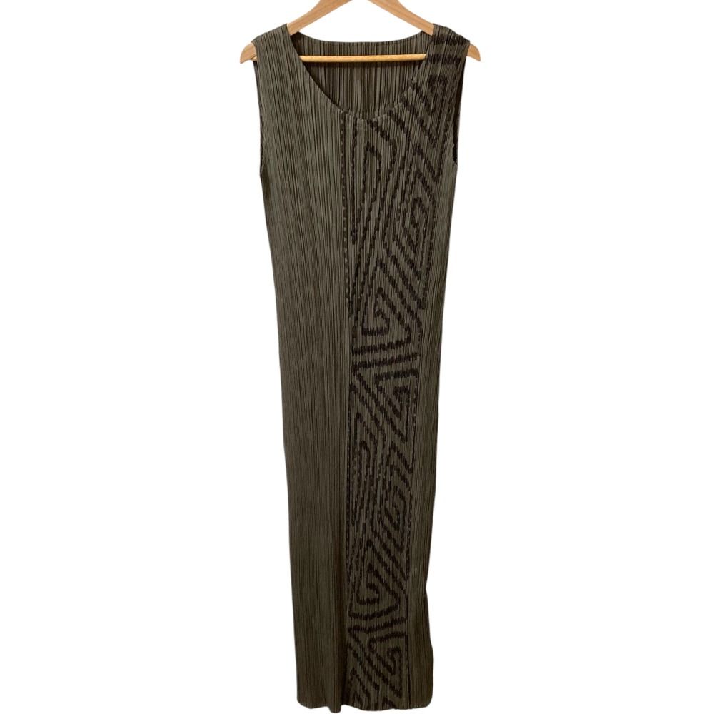 PLEATS PLEASE ISSEY MIYAKE プリーツプリーズ イッセイミヤケ 総柄 ノースリーブロングワンピース PP41-JH744 サイズ4 カーキ レディース 古着