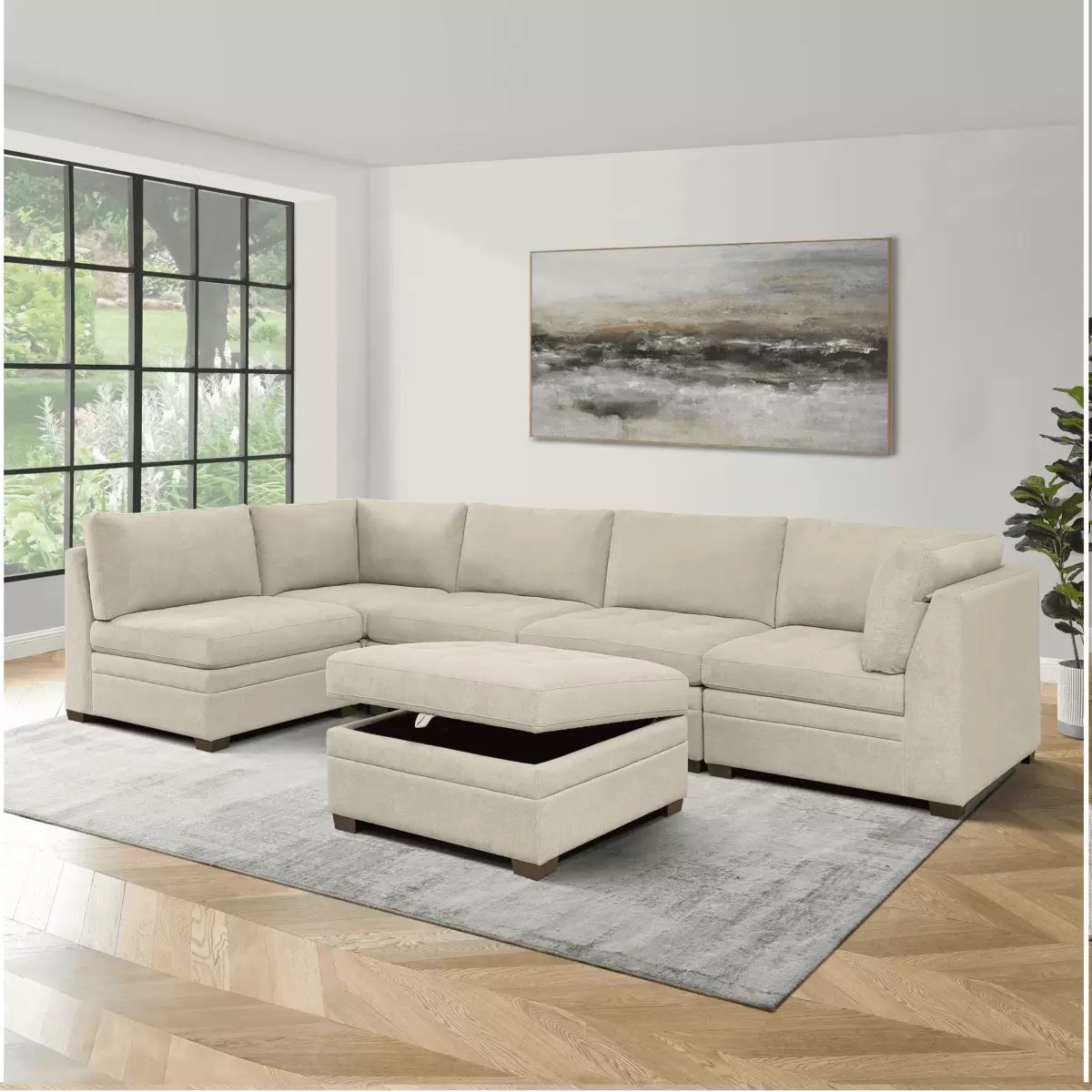 倉庫直送 Thomasville 布製モジュラーソファ6ピース ベージュ 収納オットマン付