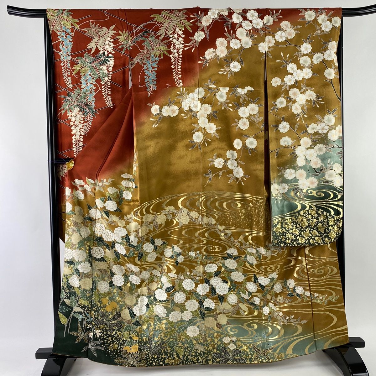 振袖 美品 名品 草花 流水 金糸 金彩 山吹茶色 袷 身丈162.5cm 裄丈