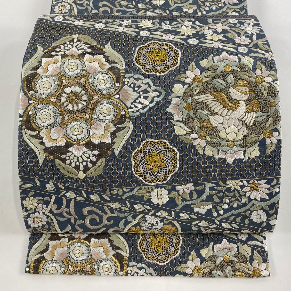 袋帯 華文 鳥 金銀糸 刺繍 青灰色 六通 正絹