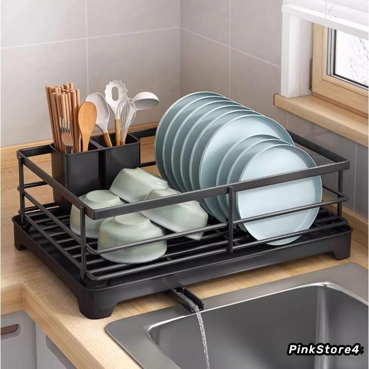 水切りラック シンク上 水切りかご 水切りカゴ 大容量 ワイド 水が流れる カトラリー入れ カトラリースタンド 水切りトレー