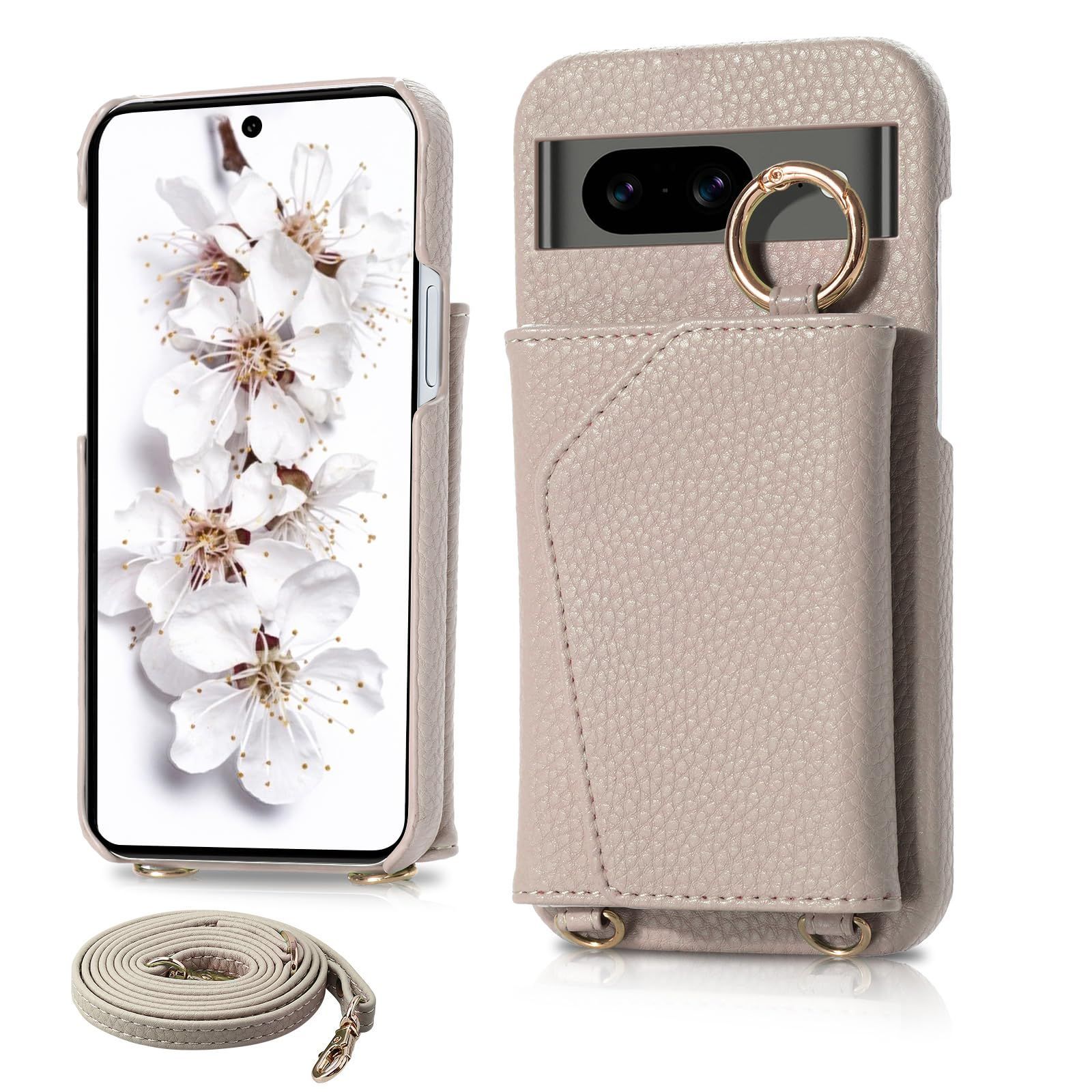 【数量限定】ミラー スマホカバー 対応 化粧鏡付き インチ 6.1 Pixel8 耐衝撃 横置き 背面カードポケット カバー 8 8 タッチペンプレゼント 8 Pixel Pixel ストラップ (杏色 斜めがけ 肩掛け 韓国 携