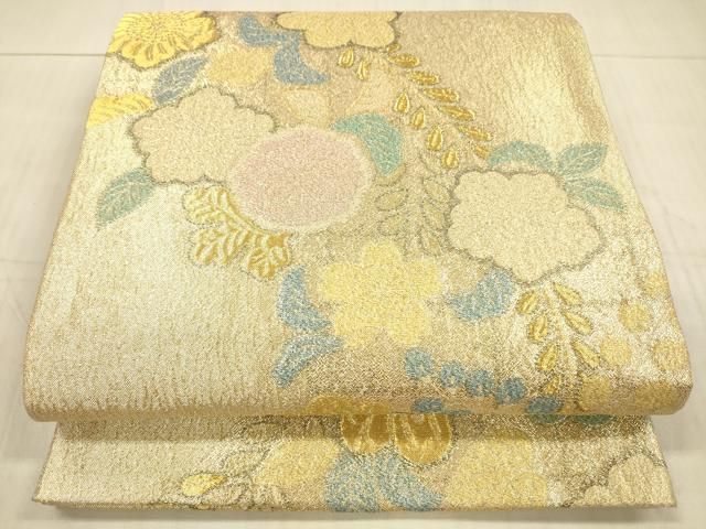 平和屋着物●両面 六通柄袋帯 ふくれ織 草花文 鹿の子草花文 金銀糸 正絹 DAAX5625cm