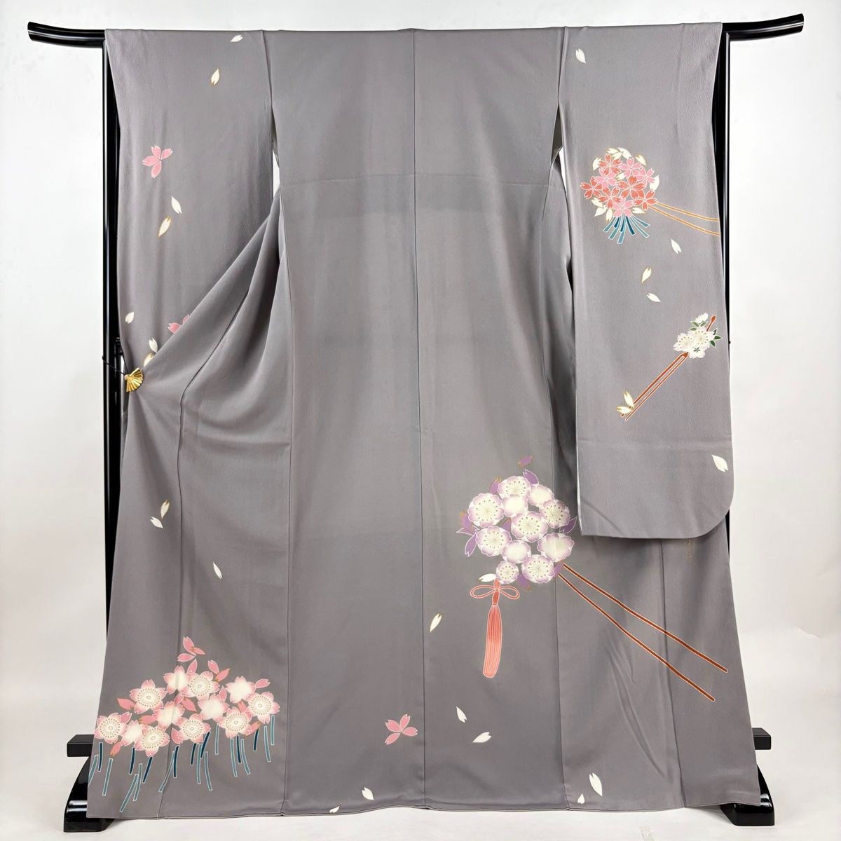 振袖 身丈172cm 裄丈64cm M 袷 辻村ジュサブロー 落款 簪 桜の花びら 金彩 灰色 正絹