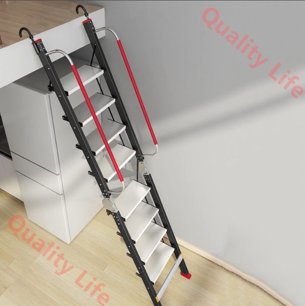 アームレスト付き折りたたみ式屋根裏はしご 2つの取り外し なフック付きの高い階段滑り止めゴム足ポータブルヘビーデューティ折りたたみはしご 8 Step Ladder