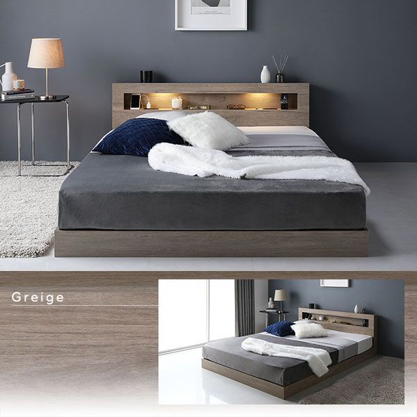 ベッド セミダブル ボンネルコイルマットレス付 シャビーオーク 低床 照明 コンセント 宮付 宮棚付 棚付 すのこ ロータイプ ベッドフレーム ローベッド すのこベッド フロアベッド ベット すのこベット 寝具 インテリア家具 ベッドルーム 寝室