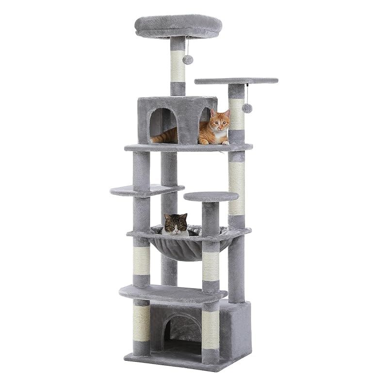 PETEPELA ぺテぺラ キャットタワー 大型猫用 コンパクト 多頭飼い 据え置き型 スリム ハンモック 麻紐爪とぎポール 猫のおもちゃ 転倒防止ベルト付き 展望台 猫ベッドカバー取り外し 運動不足解消 - M 高さ164cm グレー 1