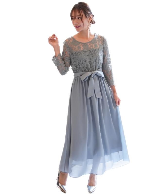 EightSTAR Dress 結婚式ドレス ロング丈 パーティードレス 袖あり お呼ばれ フォーマル ワンピース Aライン 二次会 レース シフォン シースルー 20代 30代 40代 XL