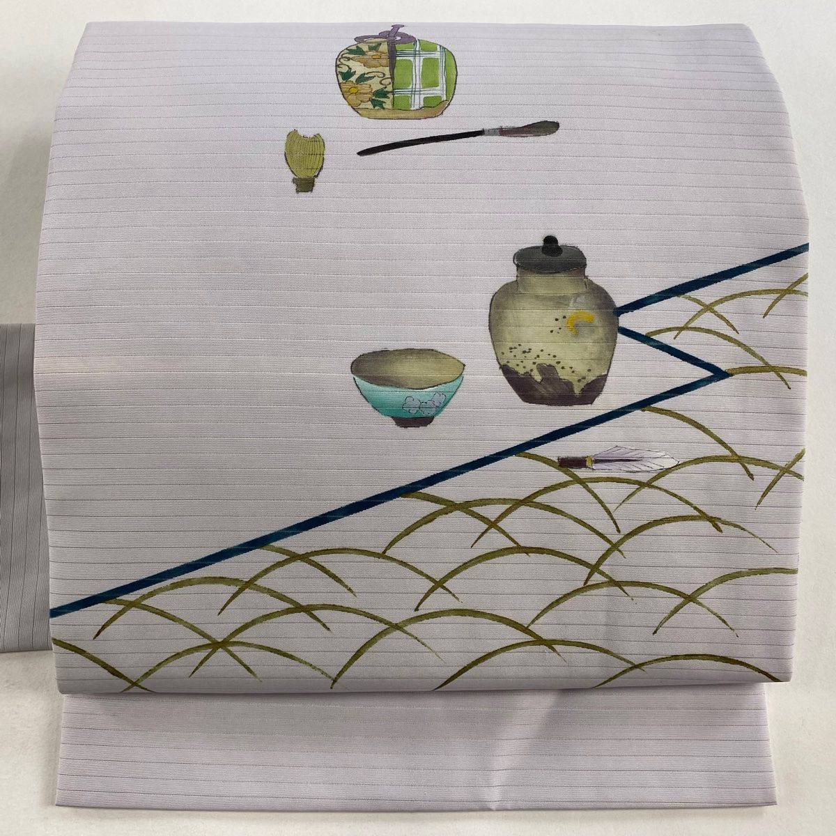 名古屋帯 秀品 夏帯 茶道具 芝 金彩 薄紫 正絹