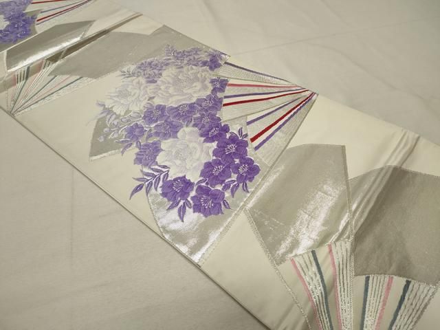 袋帯 美しい織出し 扇に花模様 六通 正絹 着物 RO-2760 平和屋着物▽六通柄袋帯 唐織 向かい鳥吉祥花文 金銀糸 正絹