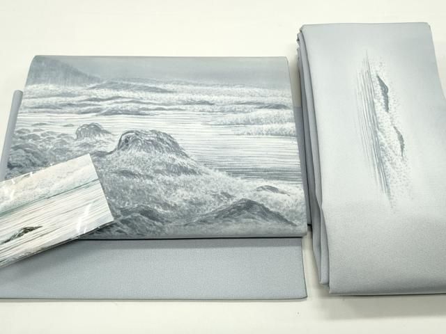 平和屋着物●つけ帯 手描き 流水風景文 淡藤色 正絹 ♥ DAAW6742ob