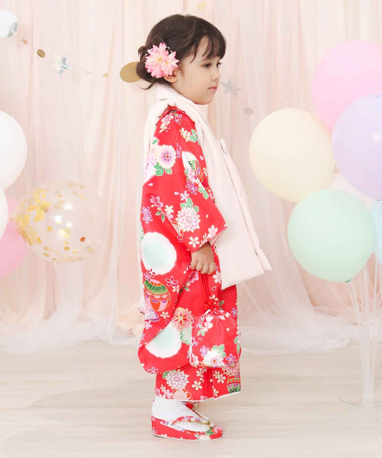 ひよこ商店 七五三 3歳 元禄梅模様×白百合色 絞り柄 レトロ 大正浪漫