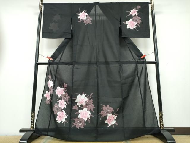 平和屋着物∴夏物 訪問着 浴衣 綿紅梅 百合 黒地 綿 CAAY4602ng