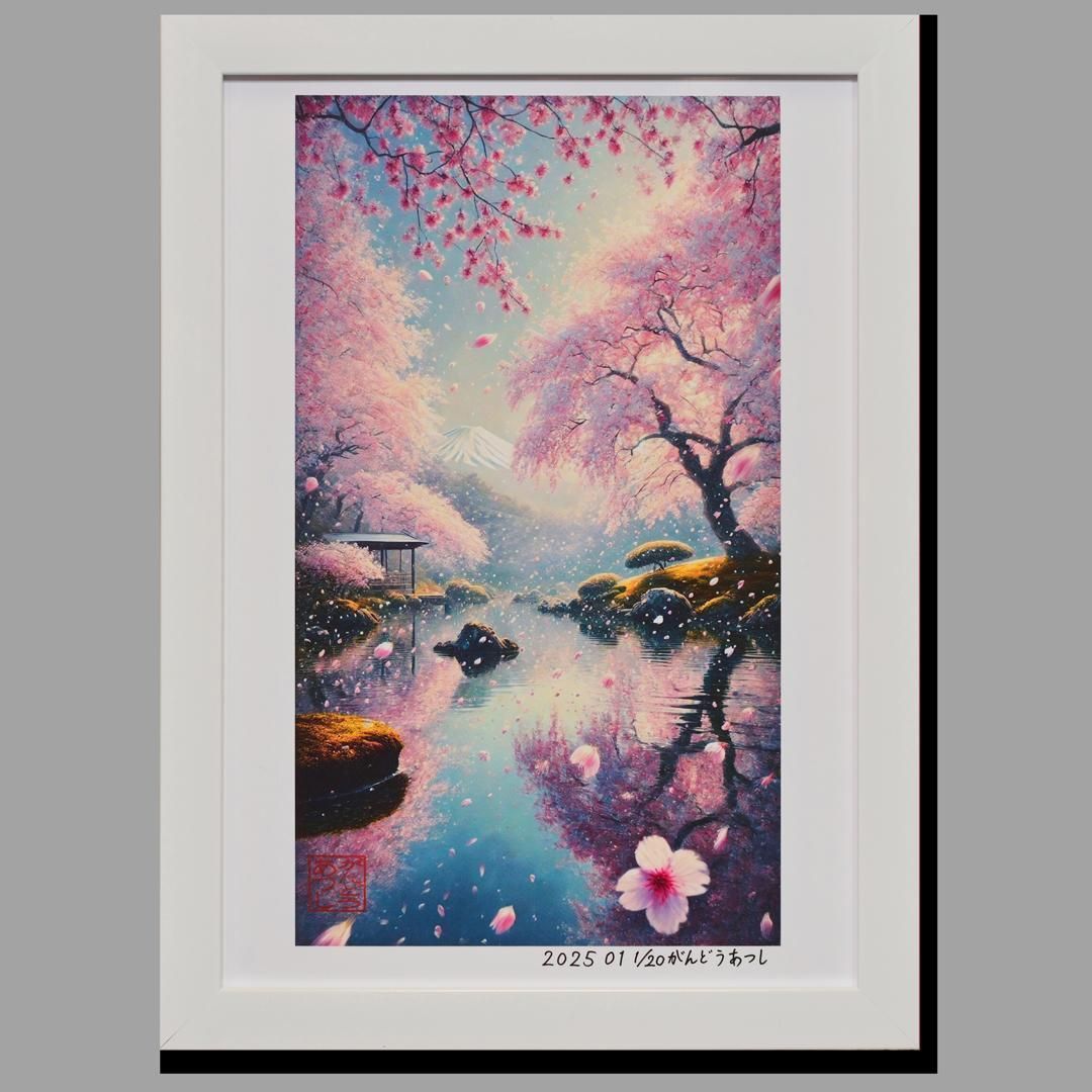 20枚限定初版 日本の美 桜赤富士山 デジタルアートA4額装品がん