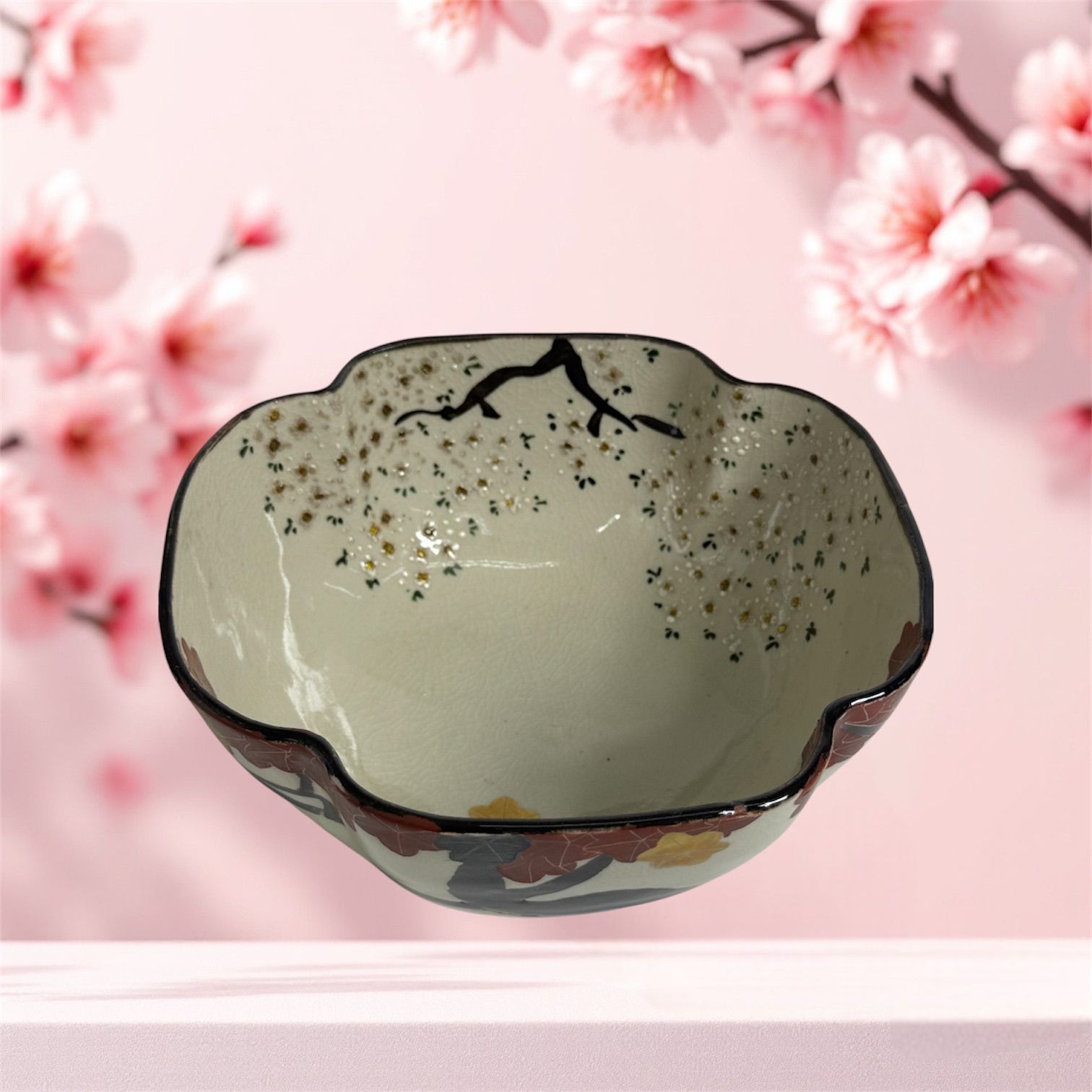 雲錦菓鉢 和食器 菓子鉢 茶道具 花壺造 中薇作 色絵紅葉桜図 共