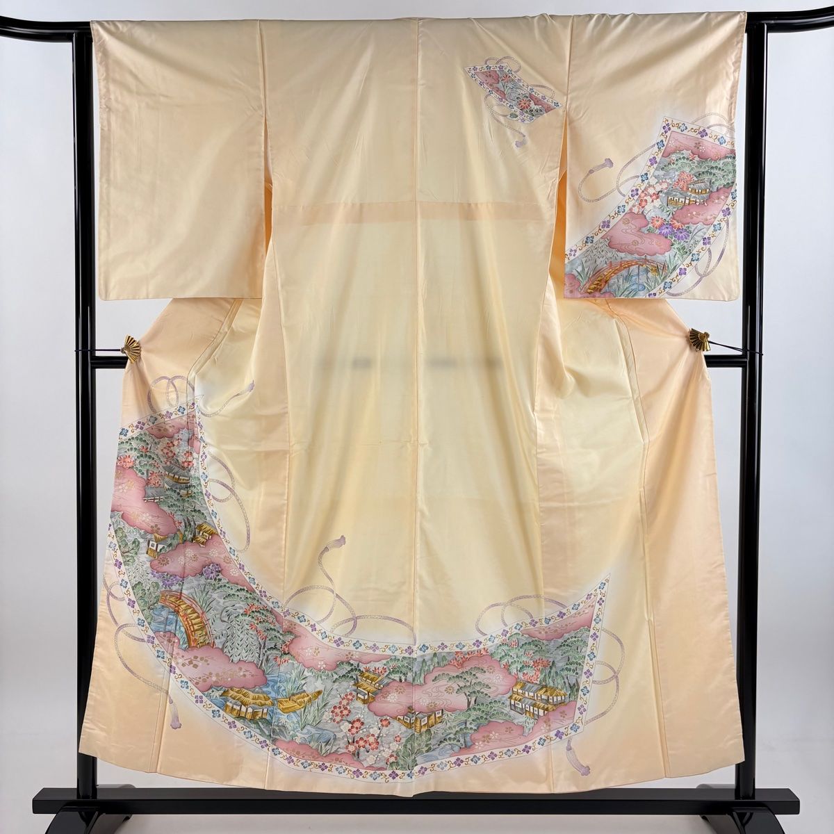 訪問着 身丈155cm 裄丈63cm S 袷 紬地 建物 松竹梅 金彩 薄オレンジ 正絹 秀品