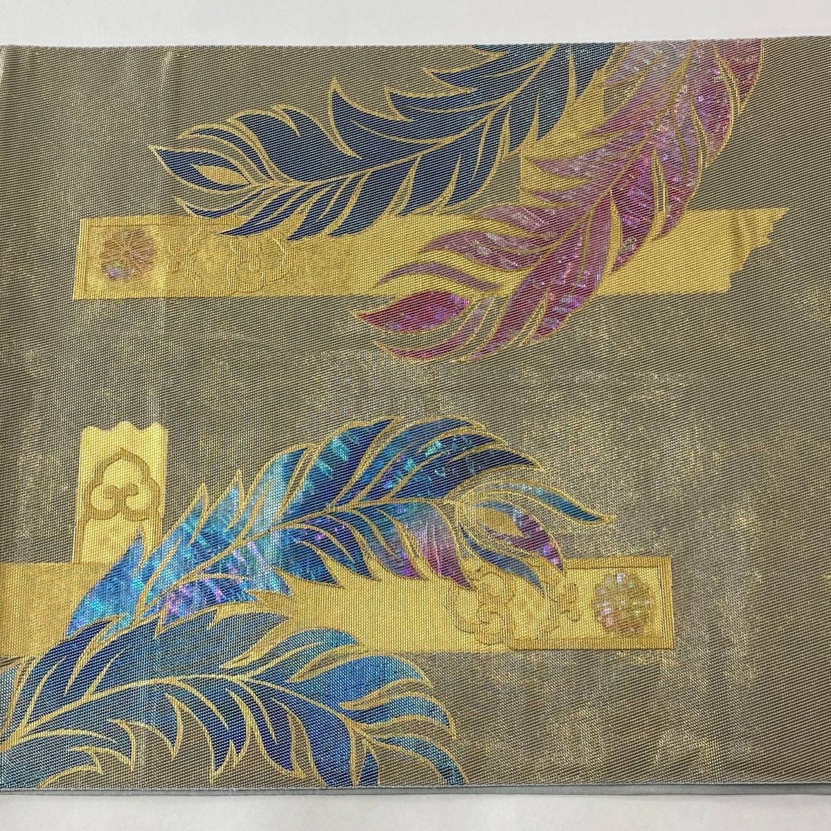 袋帯 名品 川島織物 落款あり 関西仕立て 扇 人物 箔 ベージュ 袋帯 名品 川島織物 落款あり 関西仕立て 扇 人物 箔 ベージュ