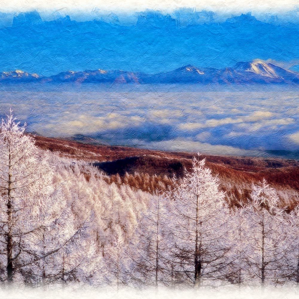 和紙の絵写真 「カラマツの樹氷と雲海の浅間山」 立体額縁付き 31x23cm