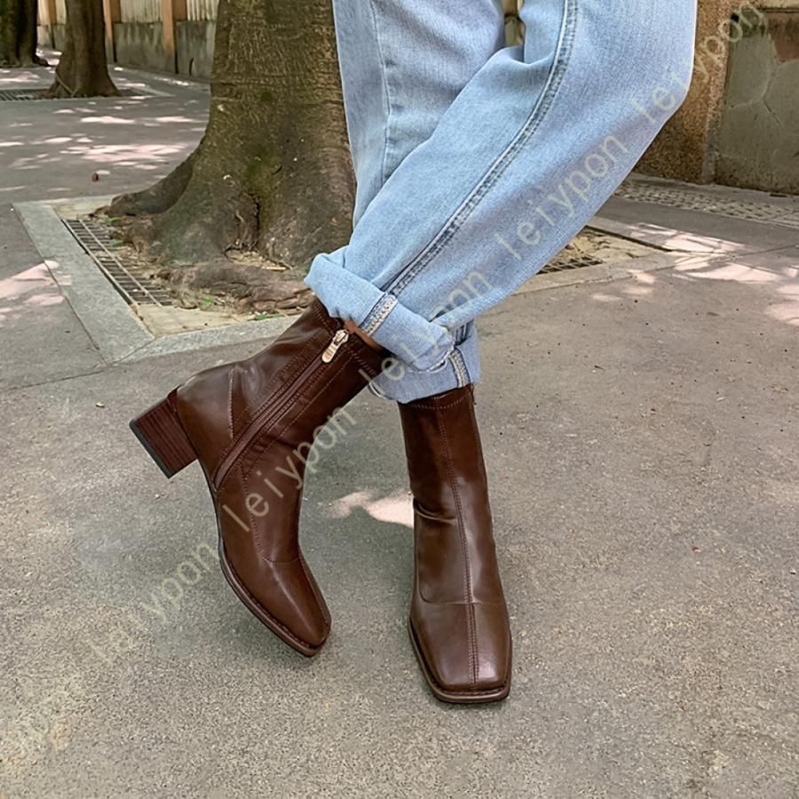 歩きやすい 美脚 ショートブーツ レディース 本革 ブーティ 太ヒール アンクルブーツ 疲れにくい 黒 サイドジップ ローヒール チャンキーヒール ファスナー