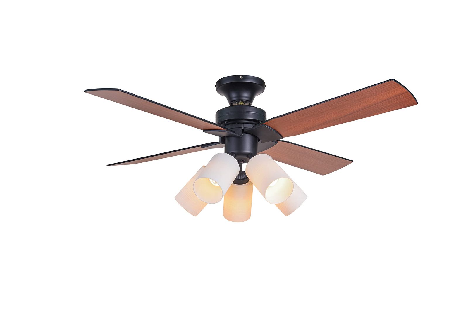 5灯タイプ 照明 リバーシブル リモコン式 LED対応 電球別売 省エネ 風量調節 シーリングファンライト 天井照明 天井ファン 冷暖房効果 日本語説明書付き 木目 インテリア照明 ブラック ガラスシェード