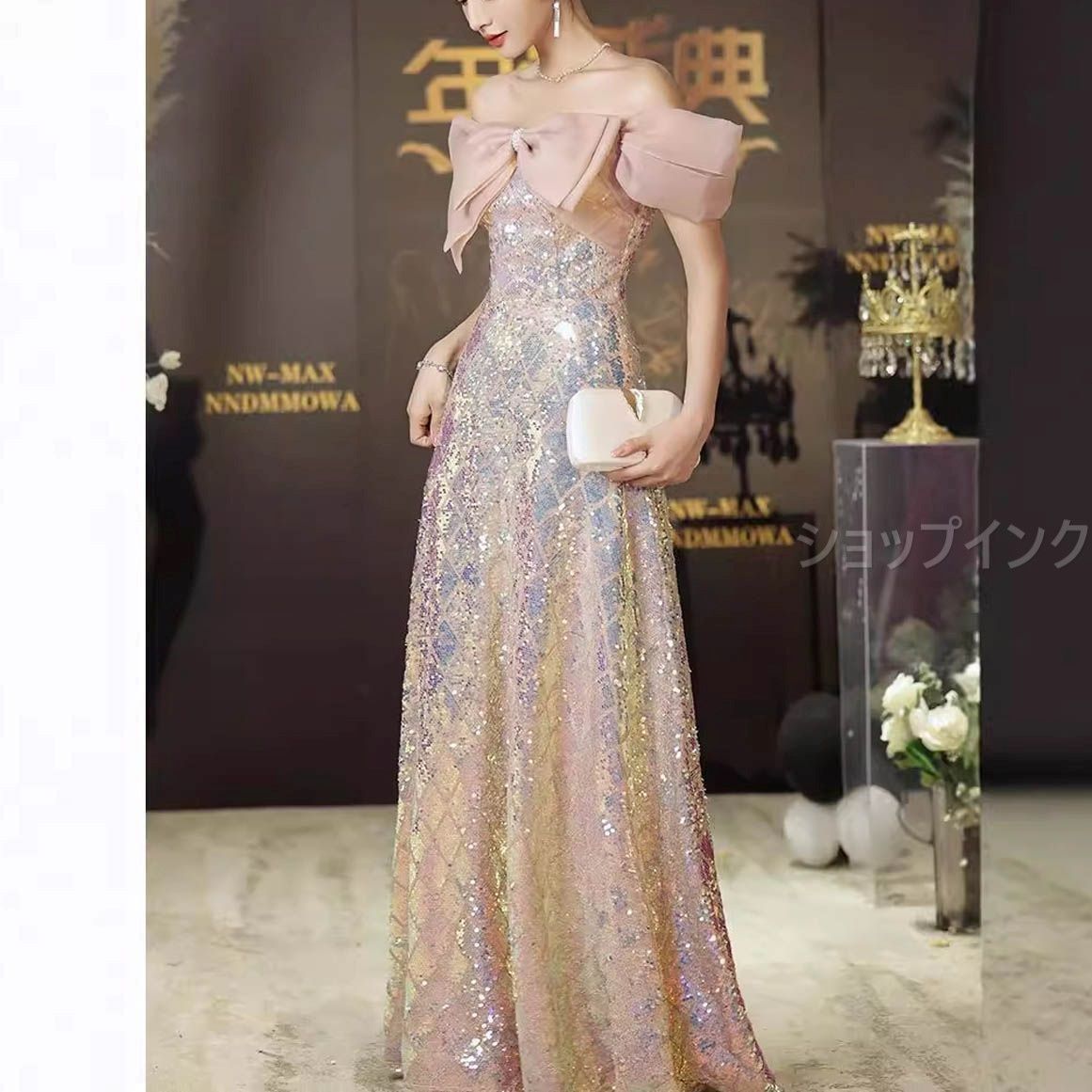 ロングドレス ドレス カクテルドレス オフショルダー リボン スパンコール ウェディングドレス ワンピース パーティードレス 演奏会 発表会 二次会 コンサート舞台 披露宴