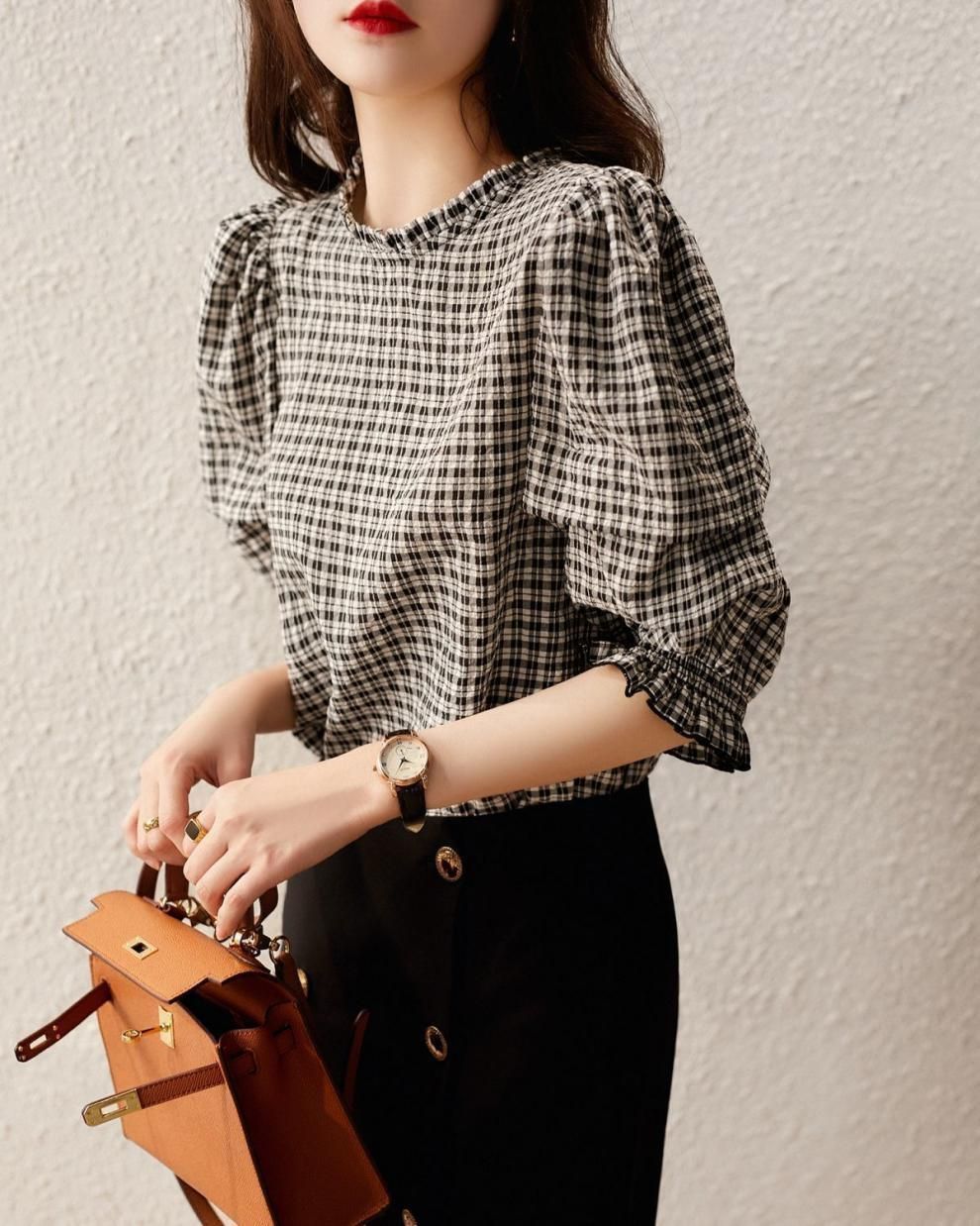 シャツ レディース ブラウス フリル チェック柄 クルーネック 丸首 半袖 Tシャツ ス 通学 通勤 オフィス 女子会 デート 上品 カジュアル シャツ レディース ブラウス フリル チェック柄 クルーネック