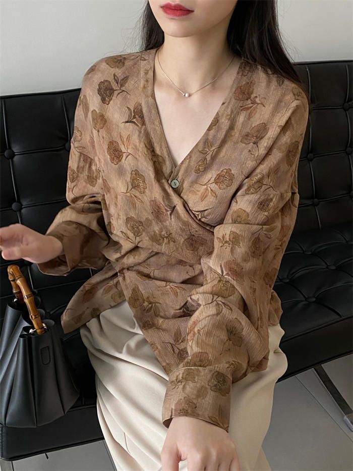 アシンメトリー シャツ レディース 長袖 春 夏 秋 シャツブラウス 花柄 総柄 高級感 OL vネック シャツブラウス トップス カジュアル 大きいサイズ 体型カバー アシンメトリー シャツ レディース 長袖 春 夏 秋 シャツ