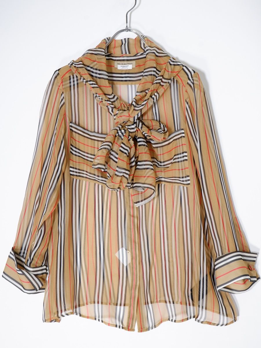 バーバリーBURBERRY Icon Stripe Silk Pussy-bow Blouseアイコンストライプ チェック プッシーボウ シルクブラウス【38】【LSHA69659】 バーバリーBURBERRY Icon Stripe Silk Pussy-bow Blouseアイコン