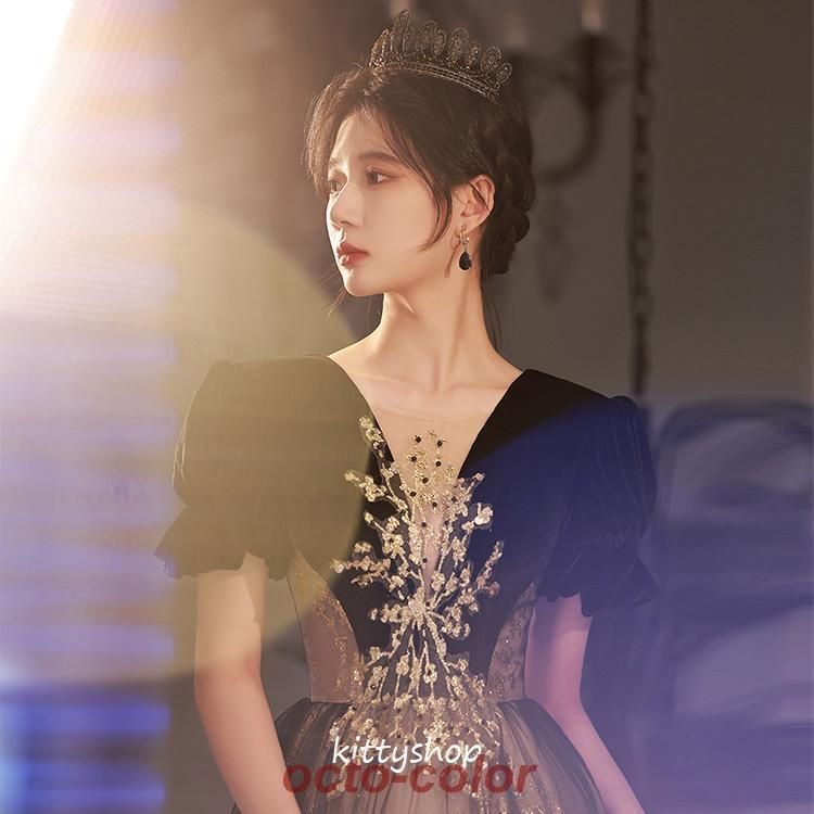 イブニングドレス 黒 ベロア ベルベット 発表会ドレス ロングドレス スパンコール キラキラ キレイめ パフスリー ブフェミニン 結婚式ドレス パーティードレス イブニングドレス 黒 ベロア ベルベット 発表会ドレス ロングドレス