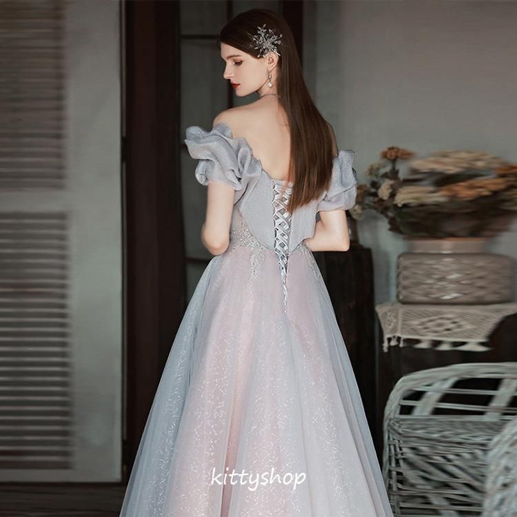 イブニングドレス オフショルダー 発表会ドレス ロングドレス パーティードレス グレー Aラインドレス 結婚式ドレス 二次会ドレス お呼ばれドレス イブニングドレス オフショルダー 発表会ドレス ロングドレス