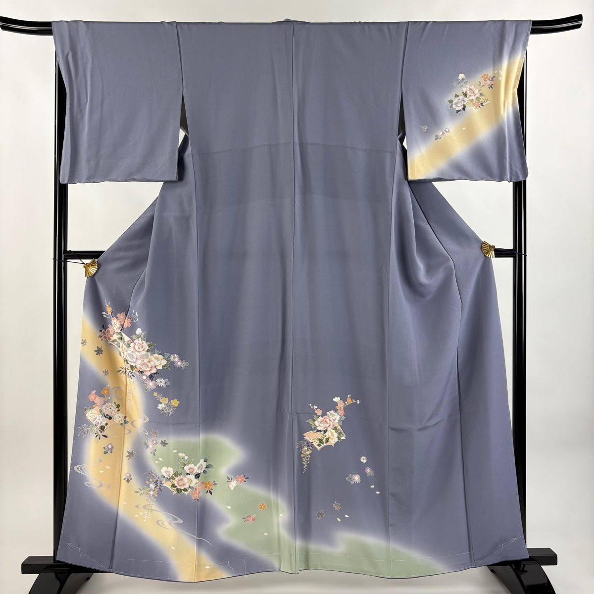 訪問着 身丈159.5cm 裄丈68cm L 袷 冊子 草花 金彩 ぼかし 青灰色 正絹 秀品