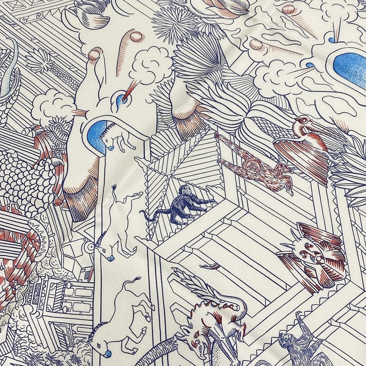 HERMES(エルメス) スカーフ美品 カレ90 白×ネイビー×マルチ 恐竜/馬