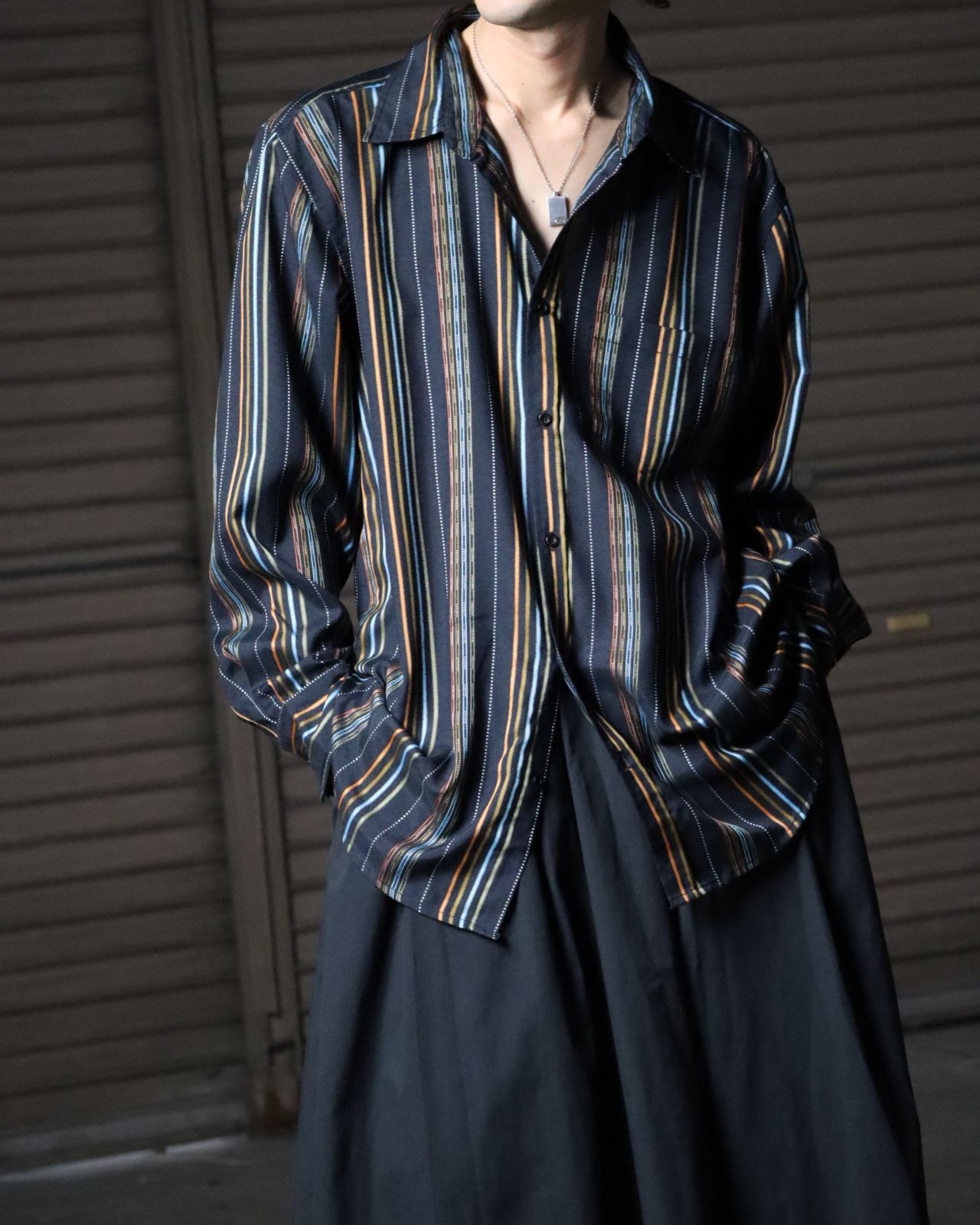 stitch stripes jacquard oversized l/s shirt 90s 00s ステッチ調 マルチ ストライプ柄 ジャガード オーバーサイズ 長袖シャツ XXL ブラック 黒系