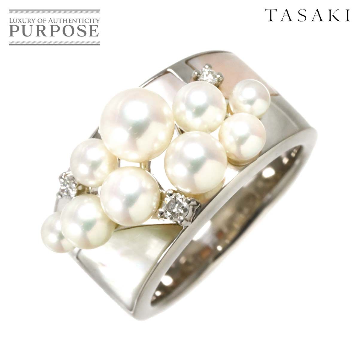 タサキ TASAKI 12号 リング アコヤ真珠 5.6-3.1mm ダイヤ 0.06ct シェル Pt プラチナ パール 指輪 田崎真珠 Akoya Pearl Ring 90282450
