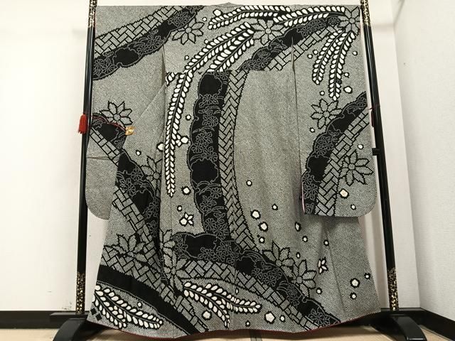 平和屋着物●豪華振袖 総絞り 草花文 黒地 正絹 AABC4483ph