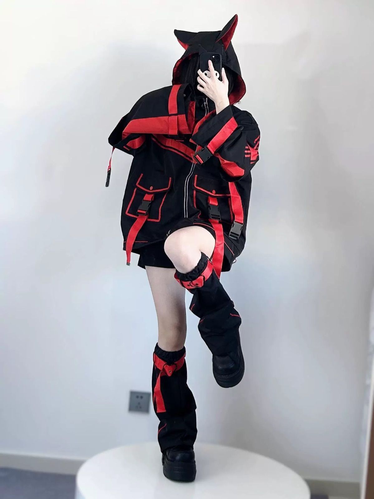 レッグウォーマー付き レッド 猫耳 猫 セットアップ サイバー 渦雷系 コスプレ サブカル 服 原宿 渋谷 10代 20代 ファッシ