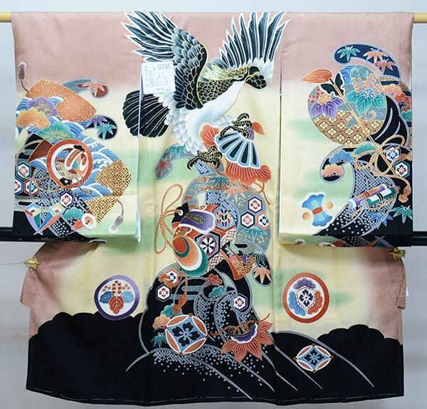お宮参り 産着 のしめ 男児 男の子 正絹 綸子地 豪華絢爛 金刺繍 くすみピンク 鷹 祝着 NO38245
