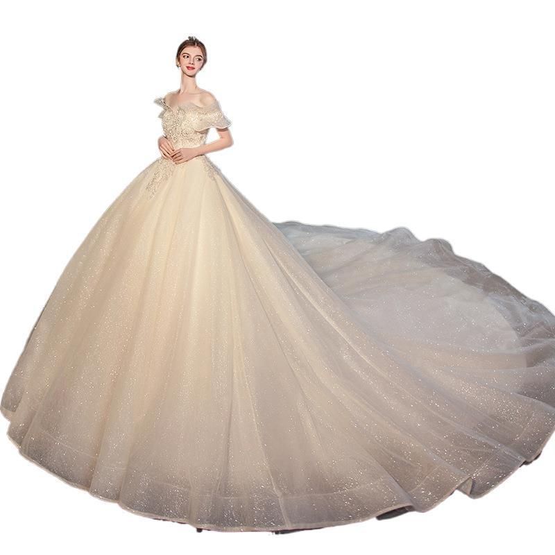  星空 一字肩 ロングトレーン ウエディングドレス 主婚纱 森系 新娘 超仙 梦幻 小柄向け 春用 ウェディングドレス ドレス ブライダル