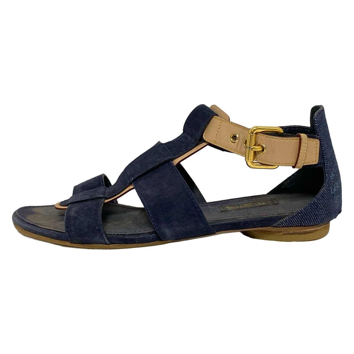 LOUIS VUITTON ルイヴィトン サンダル 37 レディース - ダークネイビー×ベージュ オープントゥ|アウトソール張替済 レザー