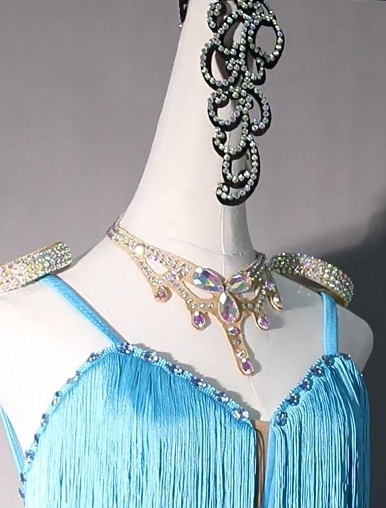 新品未使用 社交ダンス衣装 ラテンワンピースドレス 空ブルー オーダーメイド 社交ダンス衣装 社交ダンスドレス モダンドレス デモ用ドレス セミ