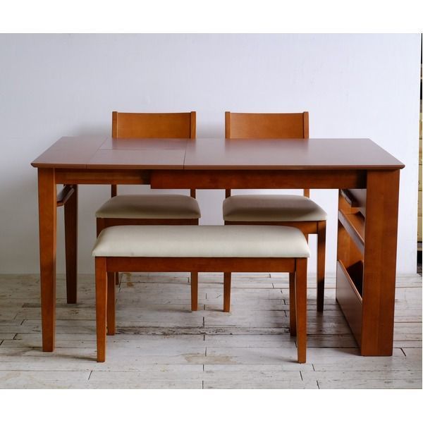 伸長式 ダイニングセット 4点セット 〔 テーブル ×1 チェア ×2脚 ベンチ ×1 ブラウン 〕 シェルフラック付き 組立式 代引不可