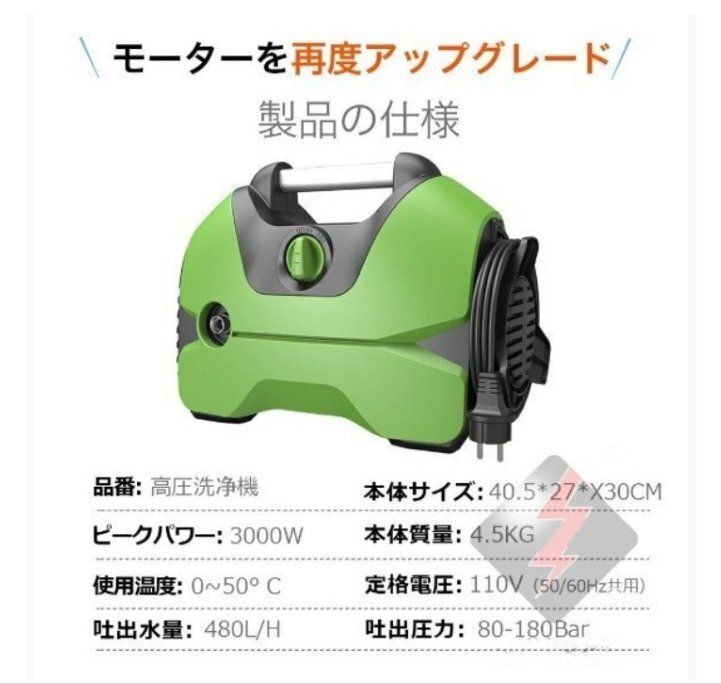 高圧洗浄機 水道直結 AC 1200 W 軽量 コンパクト 最大許容圧力18 MPa 掃除 パワフル洗浄 洗車 可変ノズル 高圧ホース10 m 水道ホース1.8