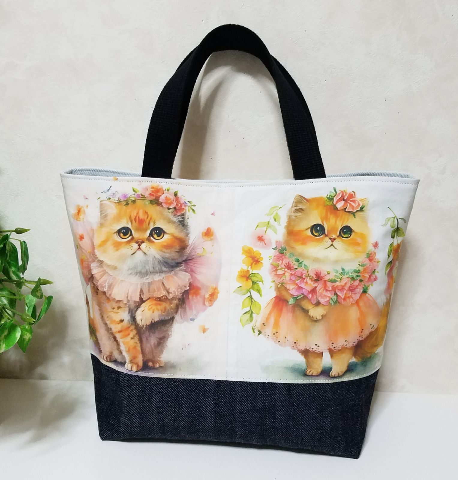 パネル生地　猫　トートバッグ 2901 猫パネルのBIGトート 両サイドポケットトートBIG パネル生地