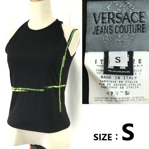 イタリア製 ヴェルサーチ|Versace Jeans Couture 蛍光スパンコール装飾|タンクトップ レディースS|黒 Tops|tank top shirts◆TBH627